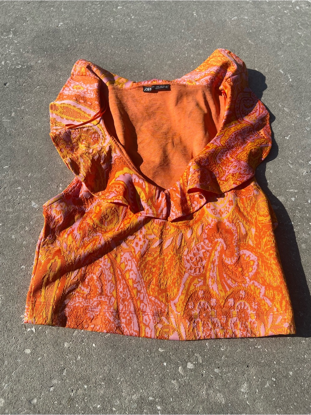 Zara Orange Pink Paisley Ruffle V-Neck Crop Top 60’s Boho Fairy Festival Size L